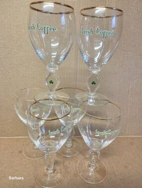 Vintage 70s Set of 6 Irish Coffee Green Shamrock Goblet Glasses